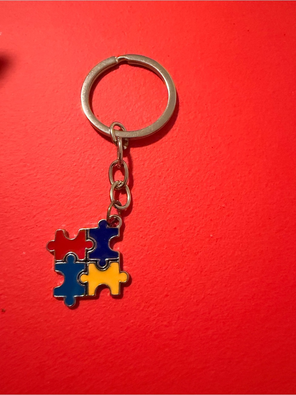 Colorful Autism Puzzle Piece Keychain - Red, Blue & Yellow Accent
